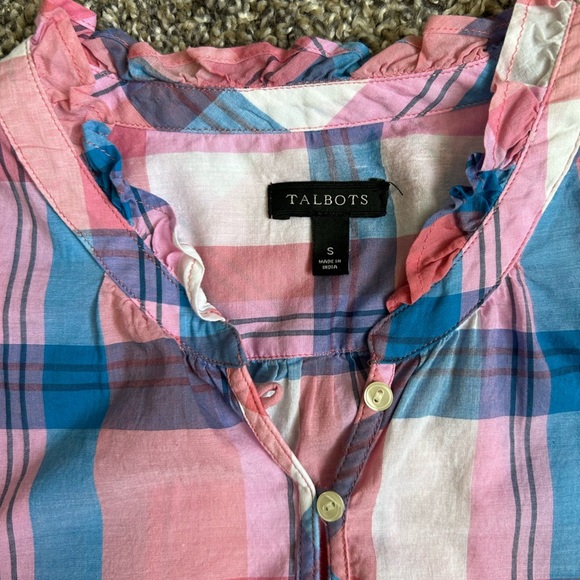 Talbots women’s blouse in pink and blue plaid with ruffle neckline size small - Picture 6 of 8